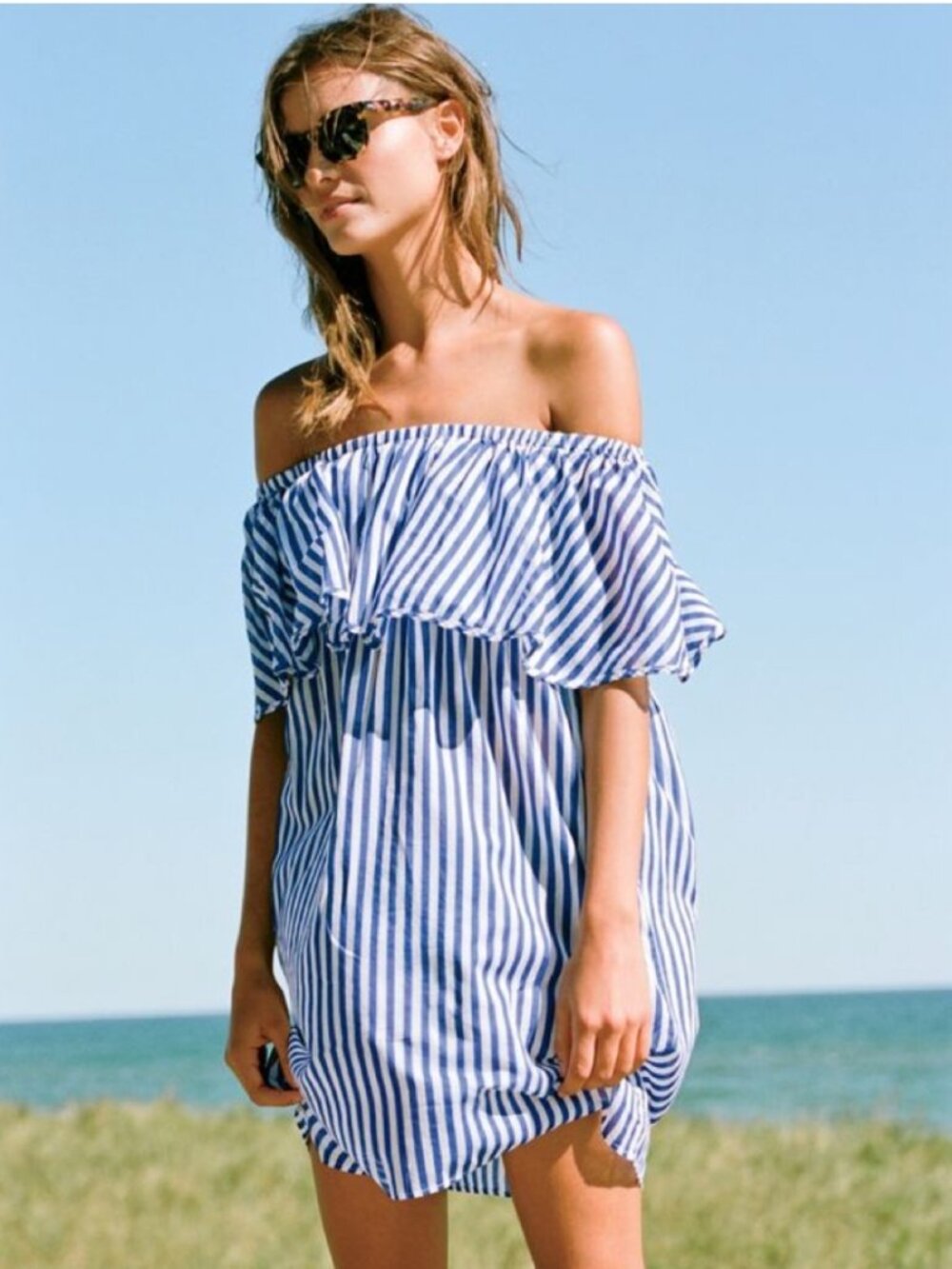 J. Crew Off the Shoulder Bold Stripe Cotton Sheer Dress